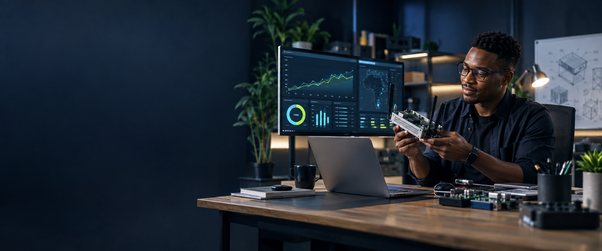 Aether-AI engineer reviewing a custom IoT hardware board alongside live monitoring dashboards