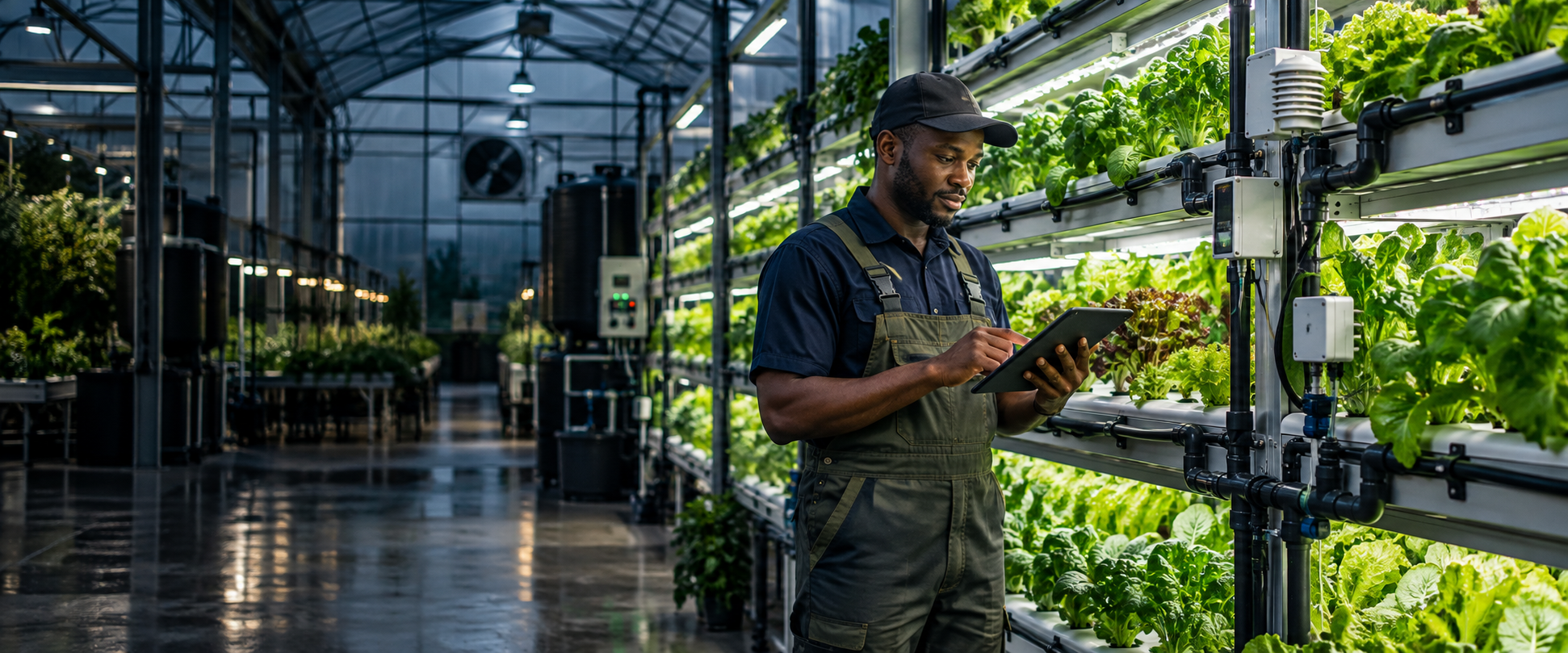 CEA specialist monitoring a vertical hydroponic growing system on a tablet inside a controlled-environment greenhouse